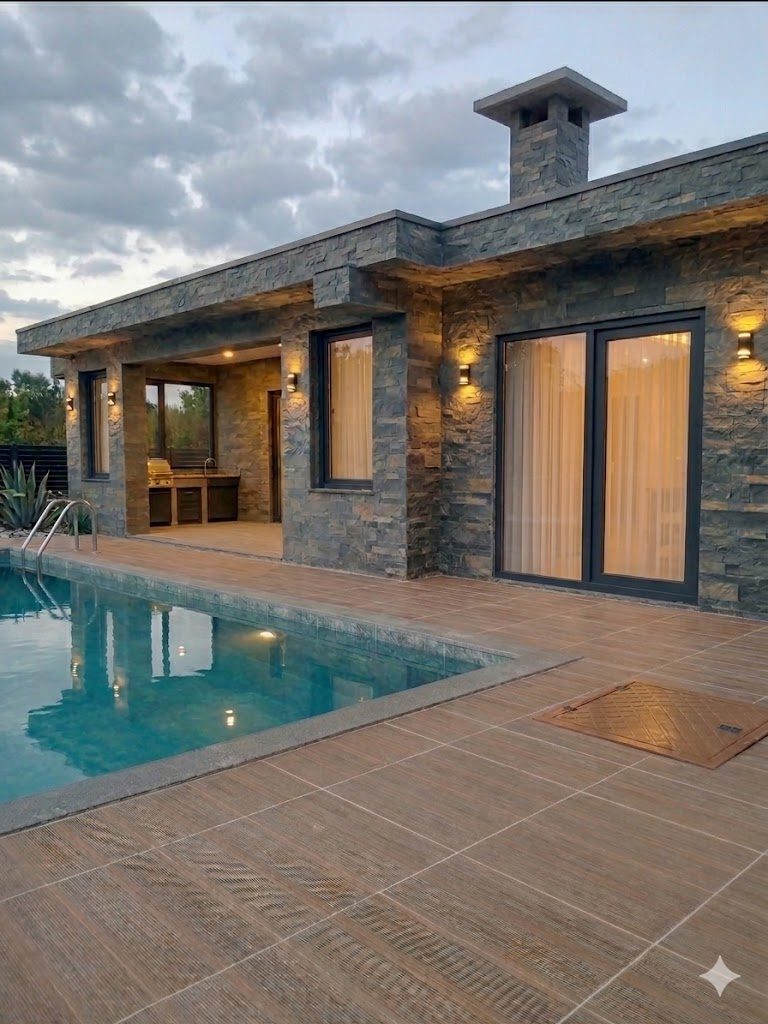 Taş kaplama villa cephesi ve havuz, akşam aydınlatması