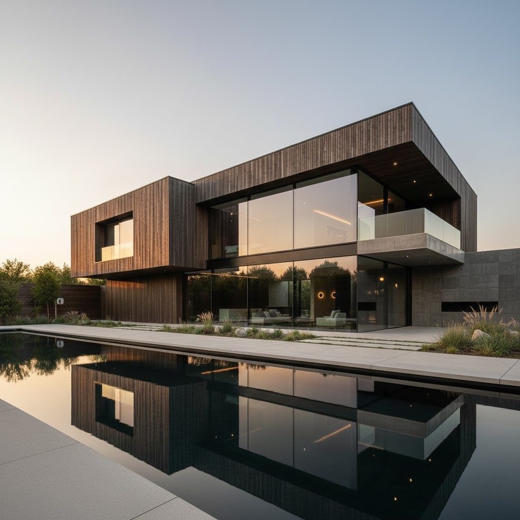 Konsept villa — ahşap üst kat, cam zemin ve havuz yansıması