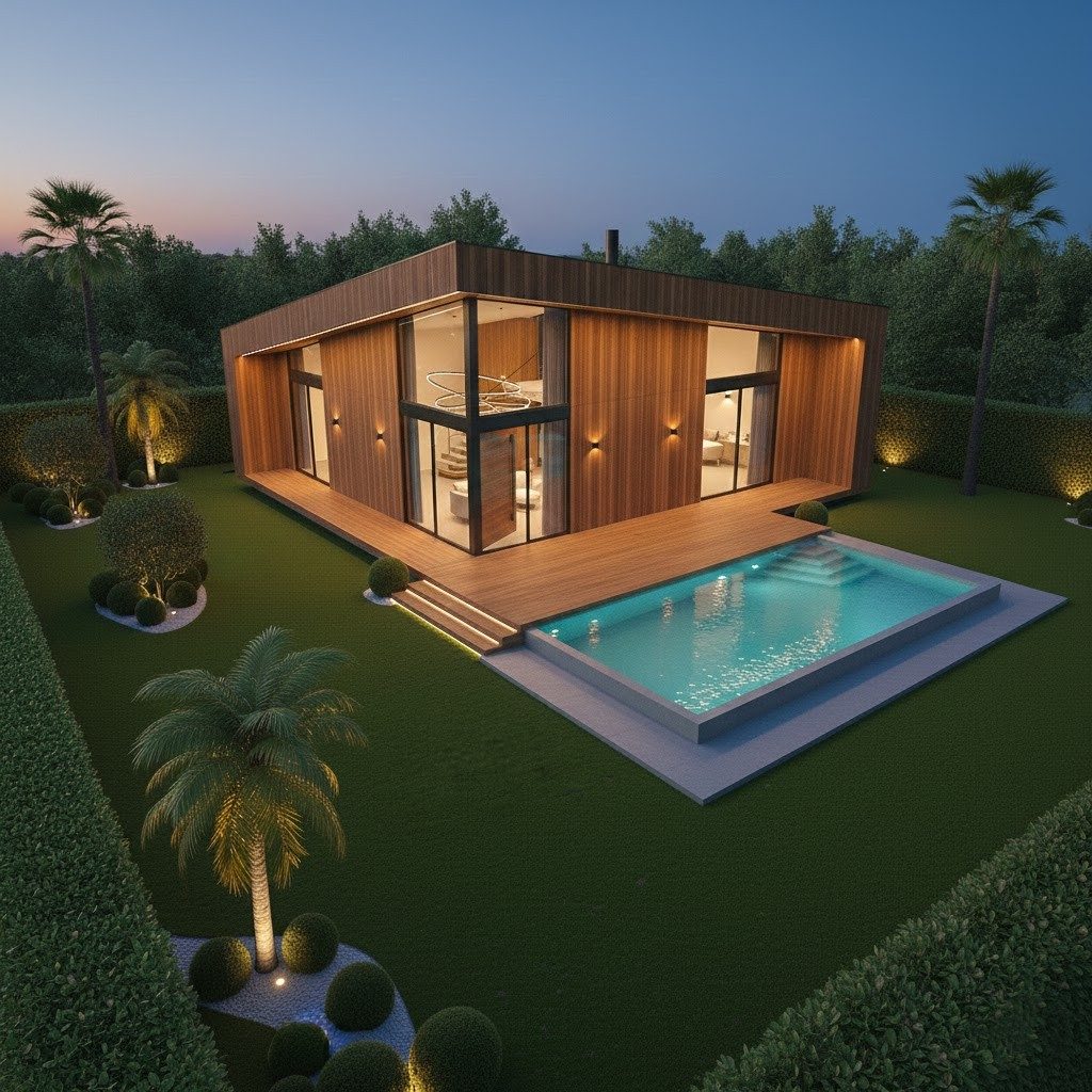 Konsept villa — ahşap cephe, cam köşe ve havuzlu bahçe