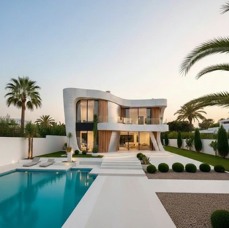 Konsept villa — kıvrımlı beyaz cephe, ahşap panel ve havuz