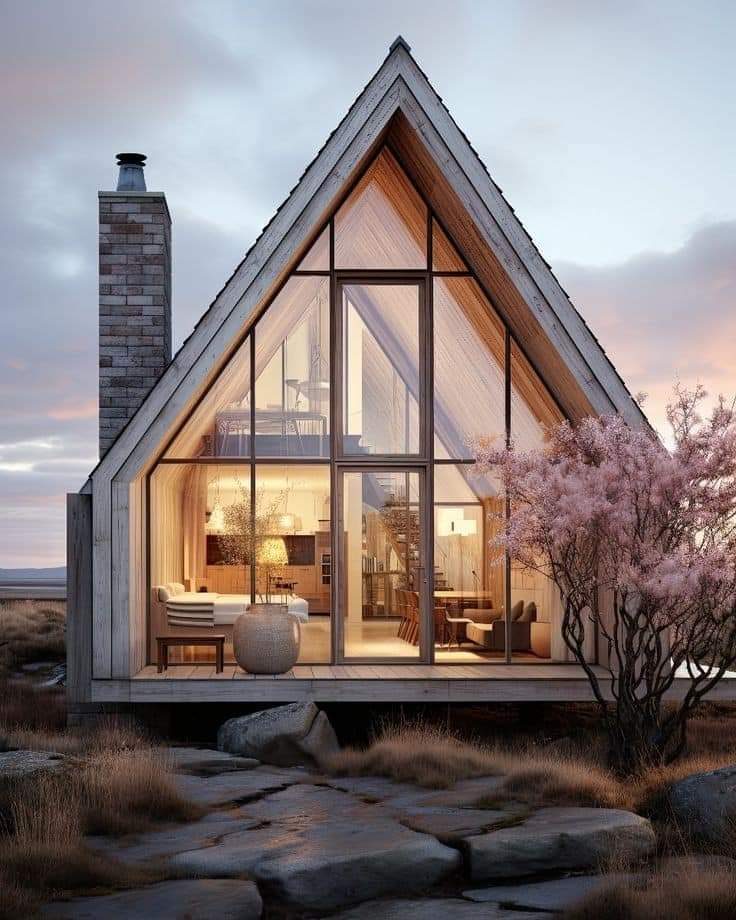A-frame tiny house — cam cephe, tuğla baca ve ahşap teras