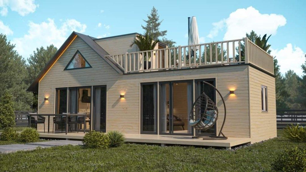 Ahşap tiny house — zemin terası ve çatı terası