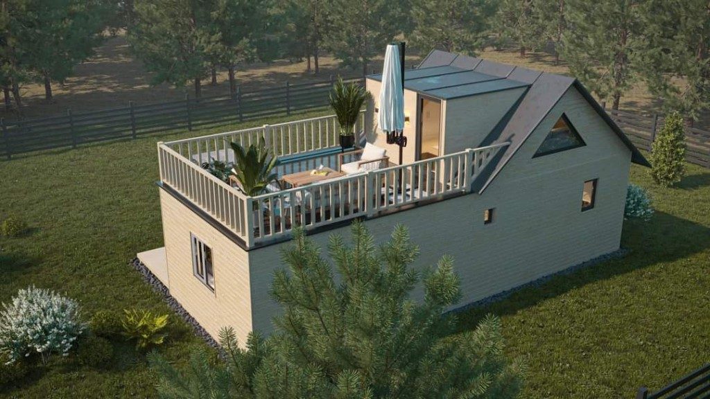 Ahşap tiny house — çatı terası ve üçgen pencere